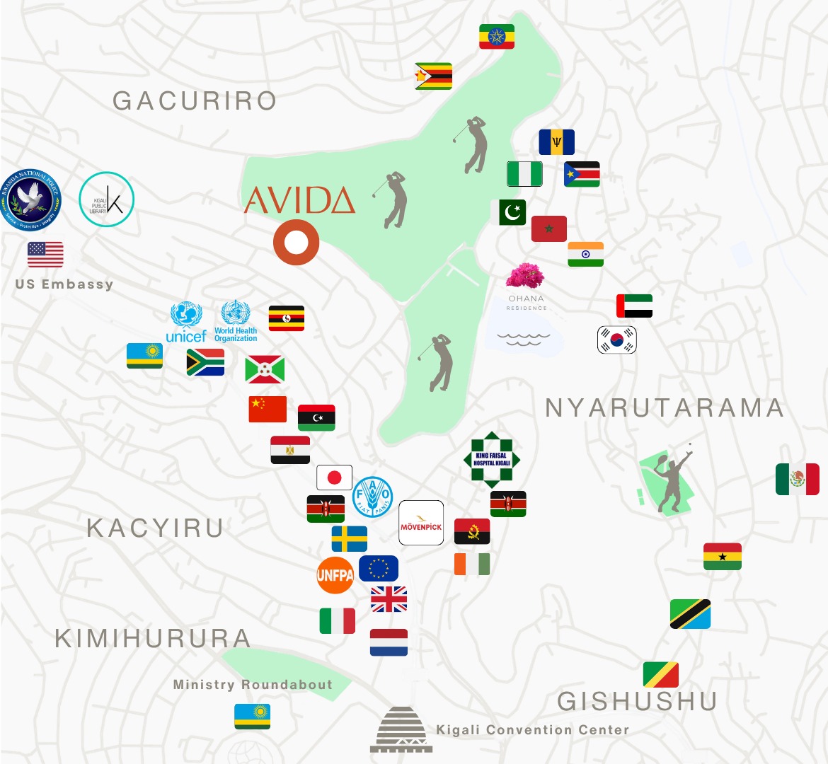 Avida and nearby embassies on Kigali Golf Course